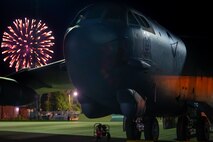 A B52-H Stratofortress assigned to the 23rd Bomb Squadron sits on the main parking apron during a firework display at Minot Air Force Base, North Dakota, June 30, 2023. The firework show was the final event for Freedom Fest put on by the 5th Force Support Squadron celebrating freedom. (U.S. Air Force photo by Airman 1st Class Alexander Nottingham)