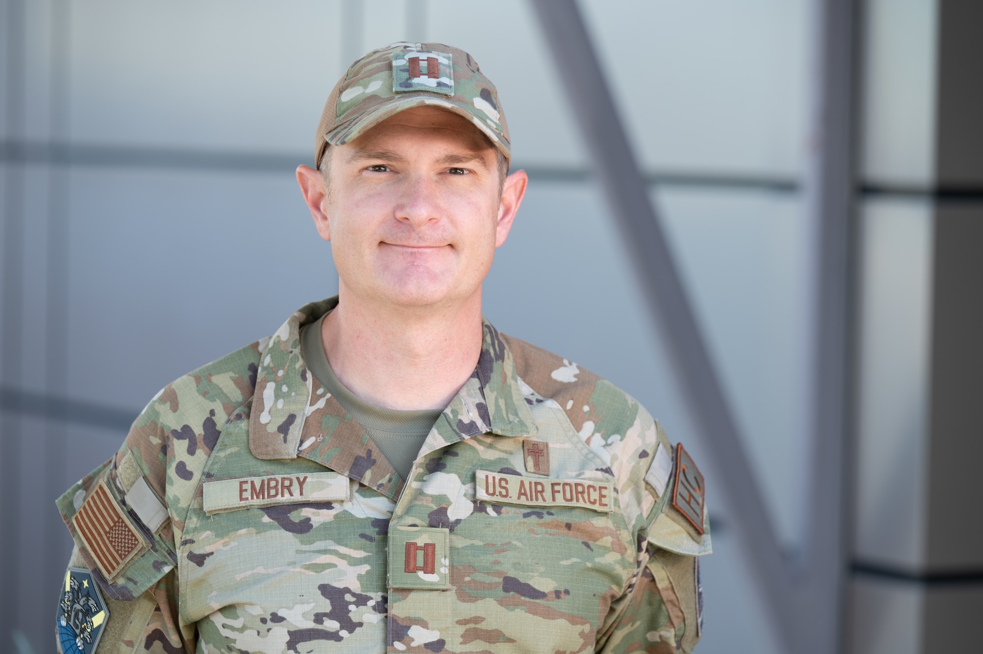 U.S. Air Force Capt. Adam Embry, a chaplain for the 302nd Airlift Wing is Space Base Delta 1’s Outstanding Performer for July at Schriever Space Force Base, Colorado, July 7, 2023. Embry has been in the Air Force for five years, covering the 302nd Airlift Wing at Peterson as a reservist. He has also been on active orders at Schriever SFB for two years. (U.S. Space Force photo by Airman 1st Class Justin Todd)