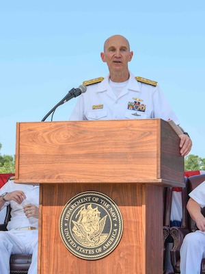 Adm. James F. Caldwell Jr., director, Naval Nuclear Propulsion Program, speaks during a United States Naval Nuclear Power School (NPS) graduation ceremony Naval Nuclear Power Training Command (NNPTC), July 7, 2023. Three Royal Australian Navy (RAN) officers graduated NPS, marking a significant step in Australia's goal to operate conventionally-armed, nuclear-powered attack submarines (SSNs). (U.S. Navy photo by Mass Communication Specialist 2nd Class Dart D. De La Garza/RELEASED)