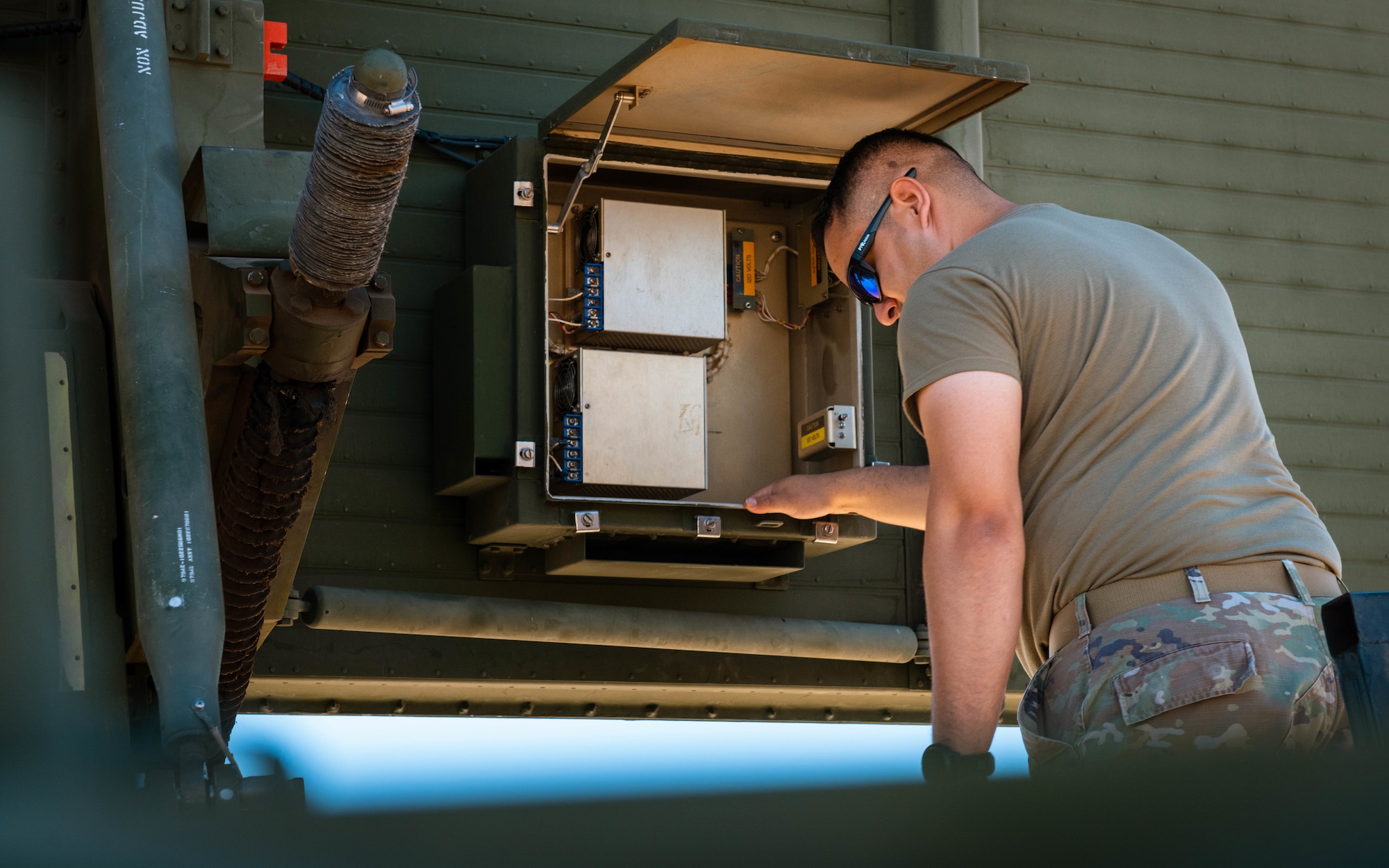 U.S. Air Force Staff Sgt. Juan Cervantes, 607th Air Control Squadron ground radar systems supervisor, maintains ground radar, June 28, 2023, at Luke Air Force Base, Arizona.
