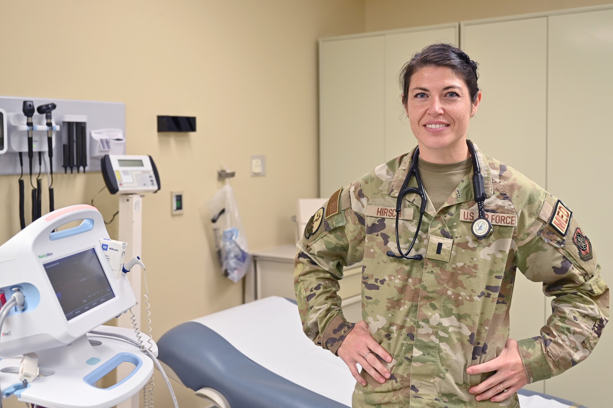 U.S. Air Force 1st Lt. Sarah Hirsch, a physician assistant with the 62d Medical Squadron, poses for a feature photo at the Warrior Operational Medicine Clinic at Joint Base Lewis-McChord, Washington, July 6, 2023. Hirsch received recognition from her peers for her continuous positive outlook, ability to foster unit cohesiveness and for developing a crossfit training program for the 62d Aerial Port Squadron. (U.S. Air Force photo by Senior Airman Colleen Anthony)