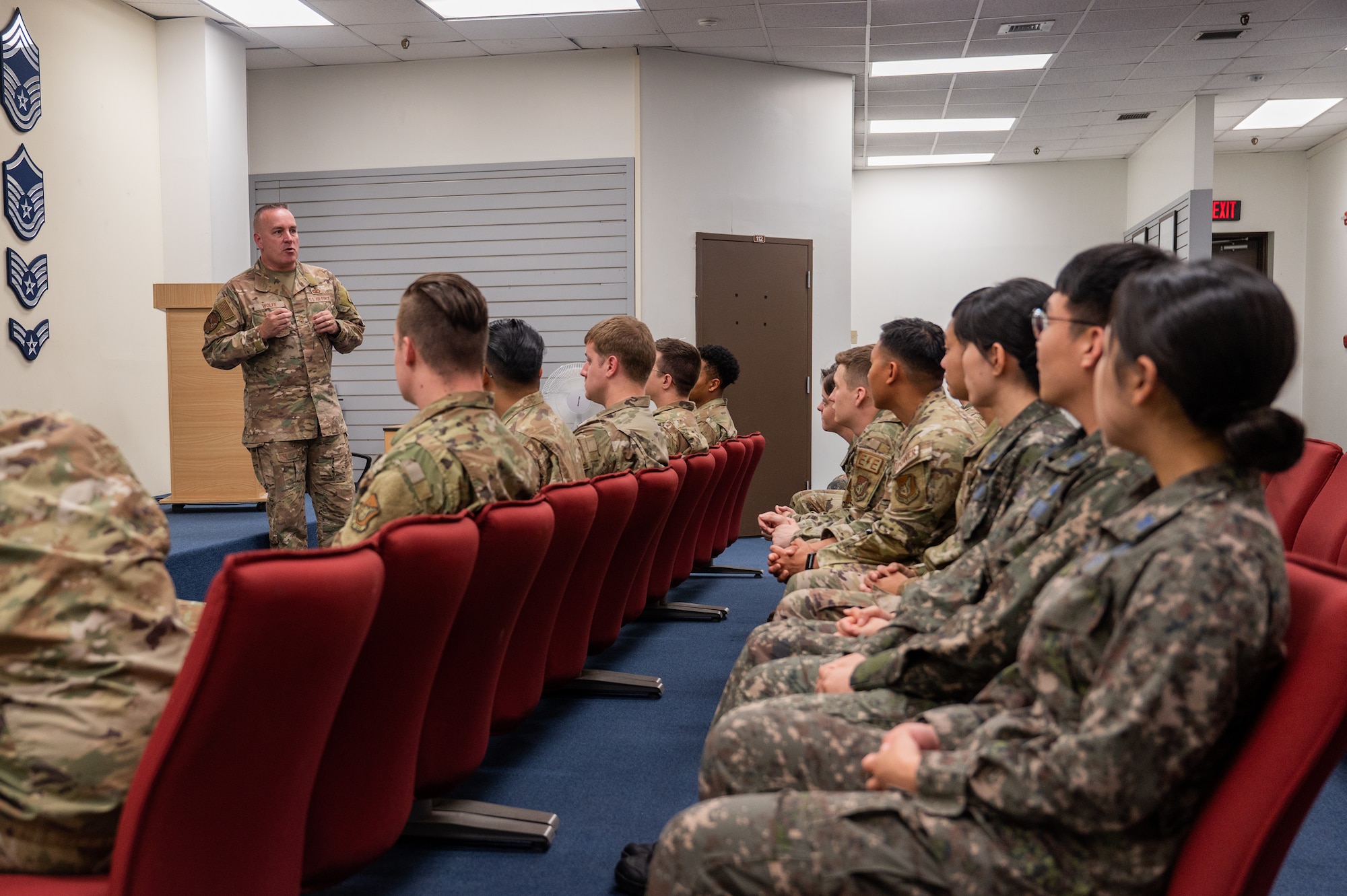 Chief Master Sgt. David Wolfe, Pacific Air Forces command chief, speaks to U.S and Republic of Korea Airmen attending Airman Leadership School at Kunsan Air Base