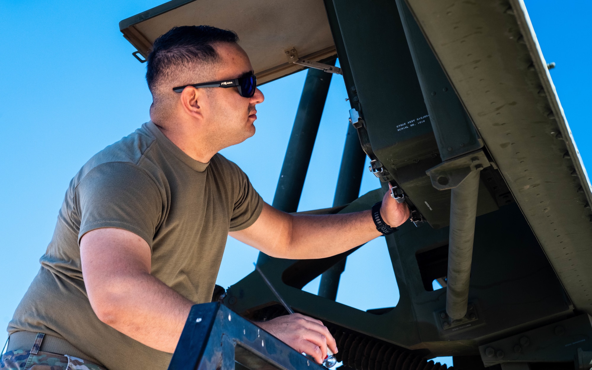 U.S. Air Force Staff Sgt. Juan Cervantes, 607th Air Control Squadron ground radar systems supervisor maintains ground radar, June 28, 2023, at Luke Air Force Base, Arizona.