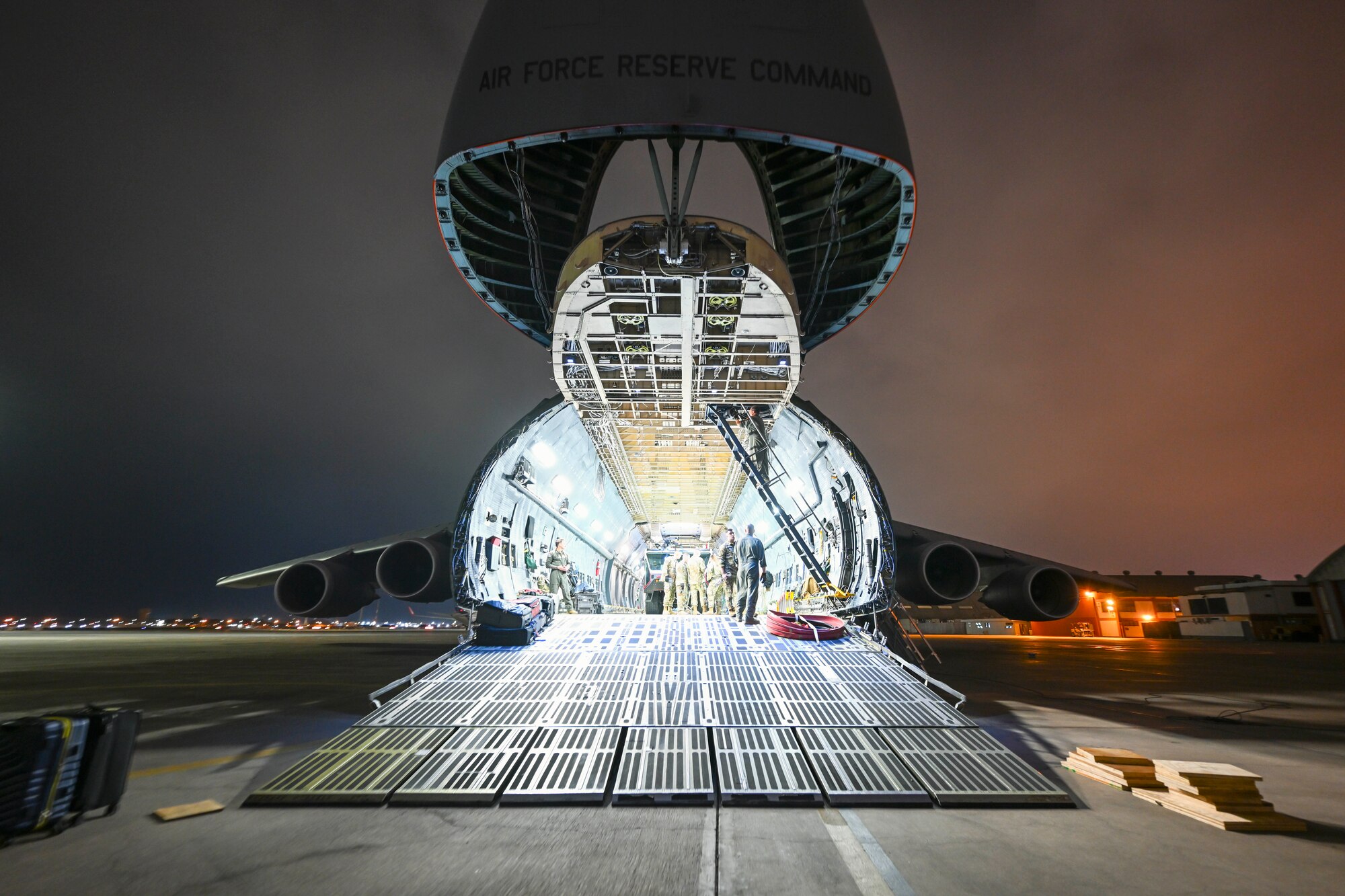 A U.S. Air Force C-5M Super Galaxy assigned Westover Air Reserve Base, Mass., arrives and unloads cargo