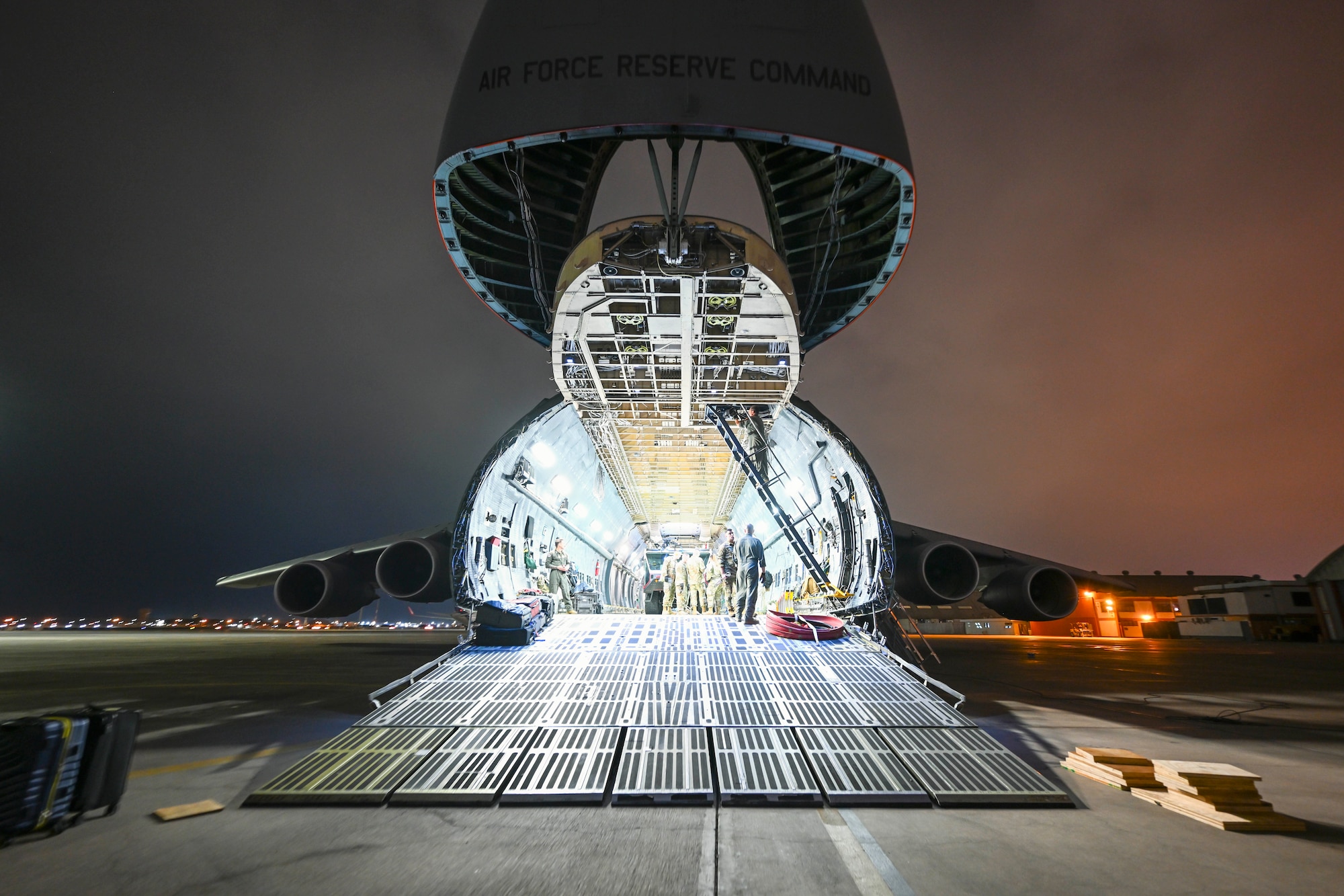 A U.S. Air Force C-5M Super Galaxy assigned Westover Air Reserve Base, Mass., arrives and unloads cargo