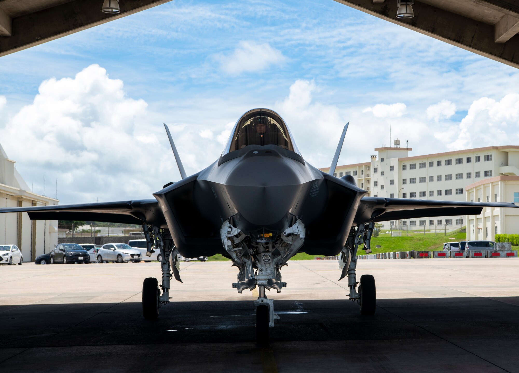 A U.S. Air Force F-35A Lightning II assigned to the 355th Fighter Squadron, Eielson Air Force Base, Alaska, parks on the flight line after a Northern Edge 23-2 training mission at Kadena Air Base, Japan, July 4, 2023. Operating out of Kadena, during NE 23-2, offers visiting forces the experience of operating in the physically vast and strategically complex environment of the Indo-Pacific, enabling greater readiness and interoperability with joint and allied forces. (U.S. Air Force photo by Staff Sgt. Dwane R. Young)
