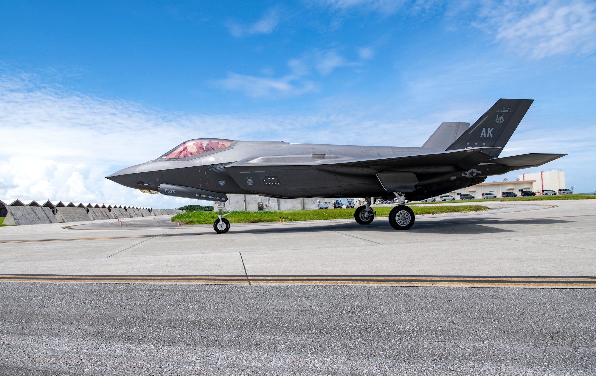 A U.S. Air Force F-35A Lightning II assigned to the 355th Fighter Squadron, Eielson Air Force Base, Alaska, taxis on the flight line after a Northern Edge 23-2 training mission at Kadena Air Base, Japan, July 4, 2023
