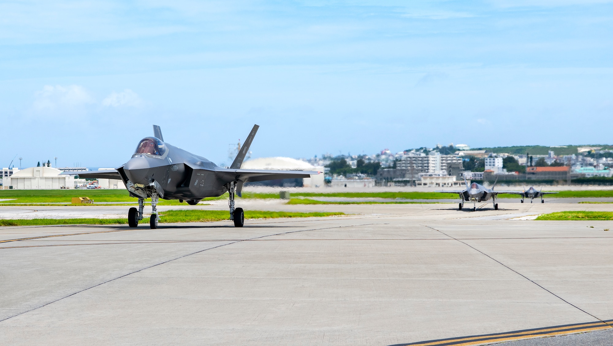Three U.S. Air Force F-35A Lightning II’s assigned to the 355th Fighter Squadron, Eielson Air Force Base, Alaska, taxi for takeoff at Kadena Air Base, Japan, July 4, 2023.