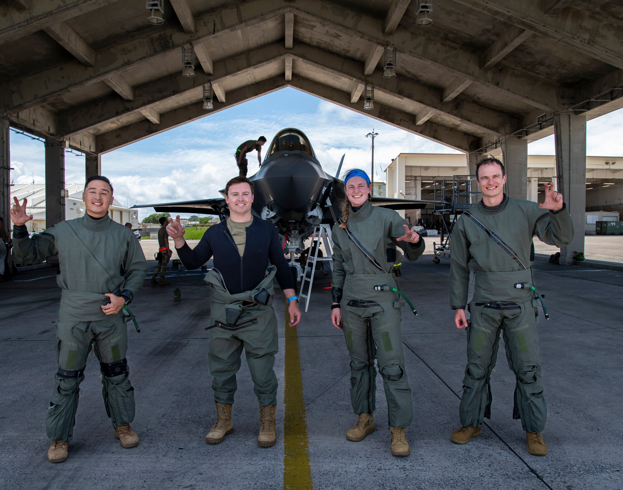 (Left to Right) U.S. Air Force Capt. Abraham Go, Capt. Joshua Christen, Capt. Rachel Self and Maj. John Tyholm, 355th Fighter Squadron, pilots, pose for a photo during Northern Edge 23-2 at Kadena Air Base, Japan, July 4, 2023