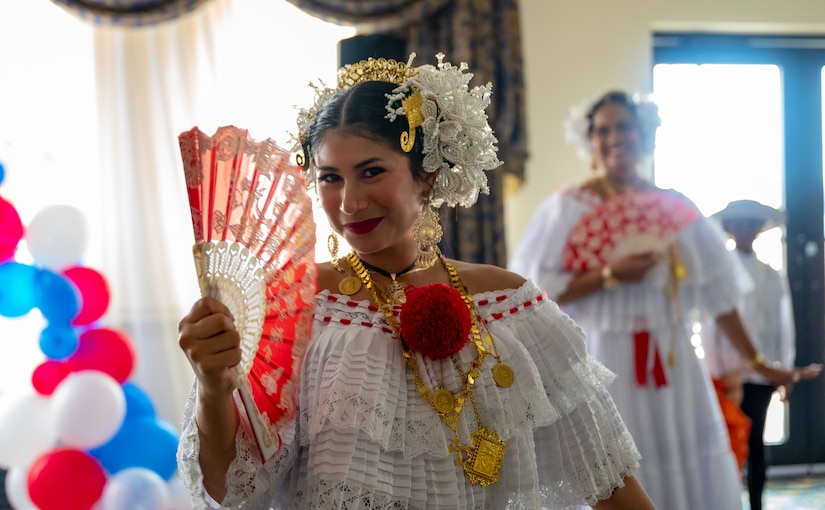 Panamanian Folkloric Dance Group of Hampton Roads dances El Tamborito during the Diversity, Equity, Inclusion and Accessibility summer expo at Joint Base Langley-Eustis, Virginia, June 30, 2023.