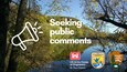 A photo of Sny Magill, courtesy of the National Park Service. It shows some trees and bluffs near a body of water. On top of the photo is a white megaphone and the words "Seeking public comments." In the right corner are the logos for the U.S. Army Corps of Engineers, St. Paul District, the U.S. Fish and Wildlife Service and the National Park Service.