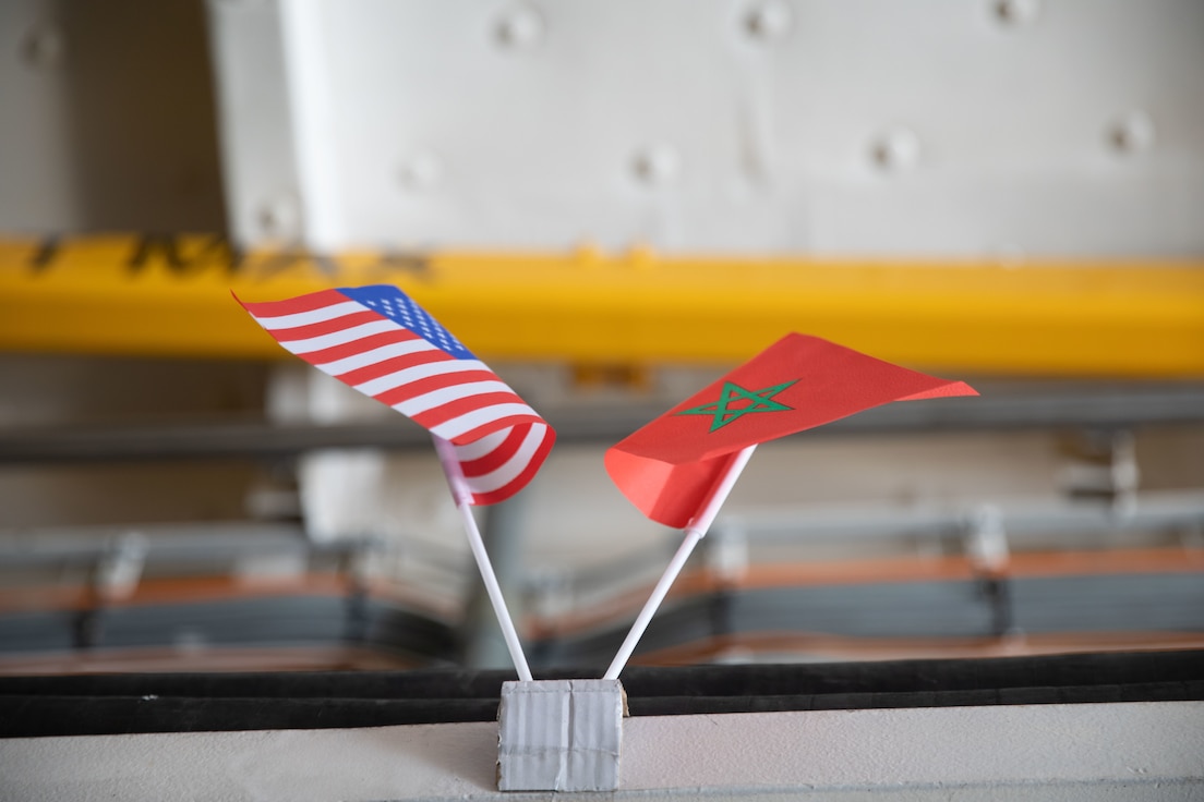 The United States and Moroccan flag fly together aboard a Royal Moroccan Navy ship