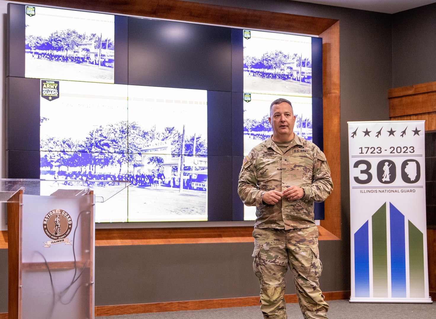 Brig. Gen. Mark Alessia, Director of the Illinois National Guard Joint Staff, welcomes local business leaders to Camp Lincoln, in Springfield, Illinois, for a brief overview of doing business with the government July 6 during the Camp Lincoln 117th anniversary commemoration.