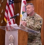 Newly promoted Illinois Army National Guard Sgt. Maj. James Ressel of St. Joseph, Illinois, thanks family, friends, and colleagues for their support throughout his 27-year career, at a promotion ceremony July 7 at the Illinois Military Academy, Camp Lincoln, Springfield, Illinois.