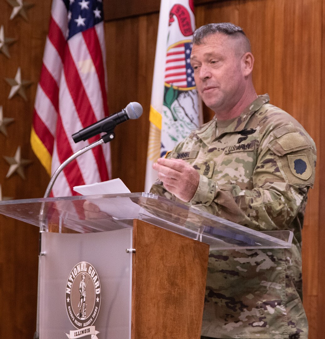 Newly promoted Illinois Army National Guard Sgt. Maj. James Ressel of St. Joseph, Illinois, thanks family, friends, and colleagues for their support throughout his 27-year career, at a promotion ceremony July 7 at the Illinois Military Academy, Camp Lincoln, Springfield, Illinois.