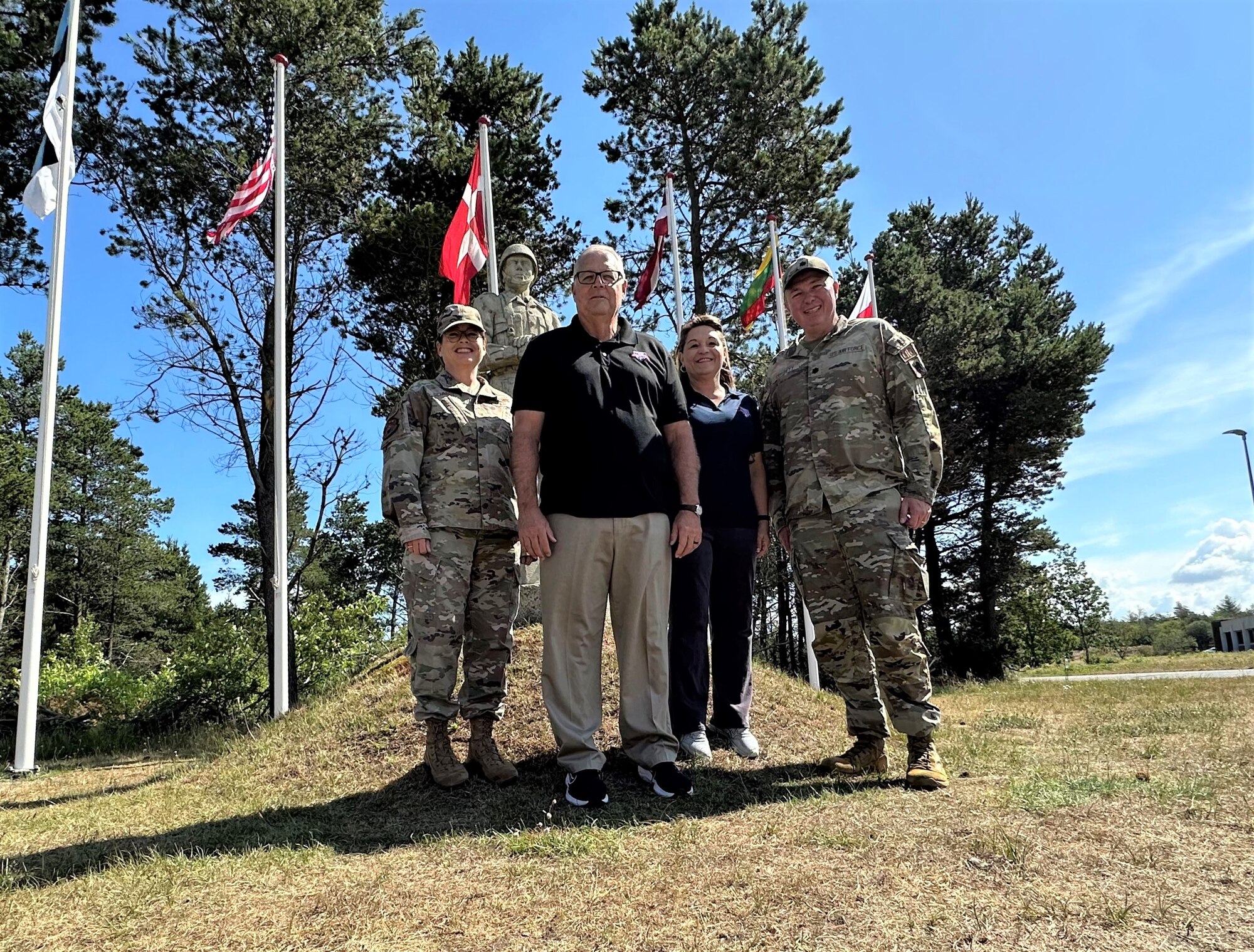 (From left) U.S. Air Force Senior Master Sgt. Catharine Schmidt, Training and Education Center (TEC) University interim chief; John Erdman, training specialist; Tammie Smeltzer, TEC University director of education, and U.S. Air Force Lt. Col. Jacob Corbett, TEC deputy commander, visited the Danish Home Guard Training Center at Camp Nymindegab, Denmark, July 5-7, 2023. They visited to observe instructor courses and discuss future collaboration efforts. The group is assigned to the I.G. Brown TEC at McGhee Tyson Air National Guard Base, Tennessee. (Courtesy photo)