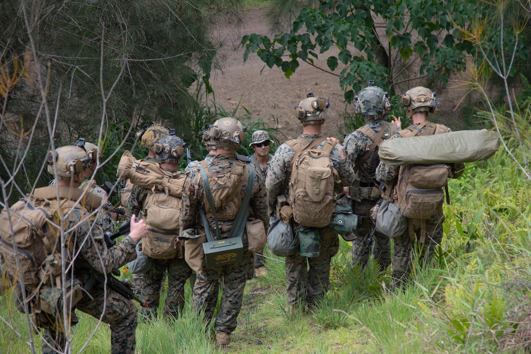 U.S. Marines with Advanced Infantry Training Battalion, School of Infantry-West, Hawaii Detachment,  receive a class on favorable terrain features for ambushes during an Advanced Infantry Marine Course, Kahuku Training Area, Hawaii, June 26, 2023. AIMC is advanced infantry training designed to enhance and test Marines’ skills with a focus on reinforcing proper patrols and operational procedures. (U.S. Marine Corps photo by Lance Cpl. Terry Stennett III)