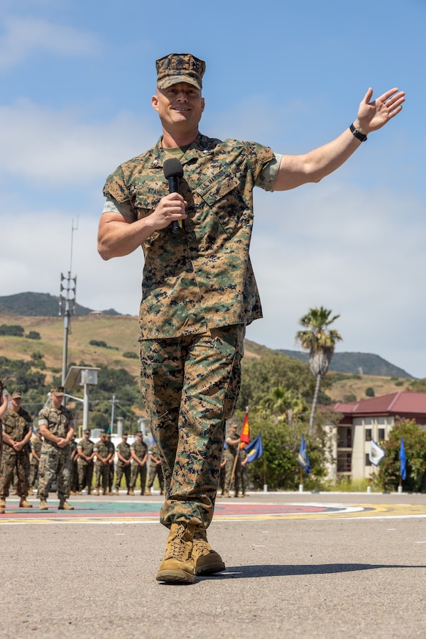 U.S. Marine Corps Lt. Col. Kurt Stahl, the incoming commanding officer for Headquarters and Support Battalion, School of Infantry West, delivers remarks during a change of command ceremony at the SOI-West parade deck on Camp Pendleton, June 29, 2023. H&S Bn., SOI-West provides the operational, administrative, logistical, and legal services necessary to support the School of Infantry's training units.  (U.S. Marine Corps photo by Lance Cpl. Mhecaela J. Watts)