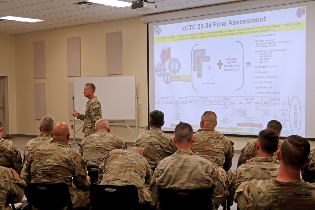 Col. William Shoemate II, the 188th IN BDE commander, addresses the senior leaders of the 30th Armored Brigade Combat Team about their experiences in the eXportable Combat Training Capability during the final after-action review on Fort Stewart June 28, 2023.