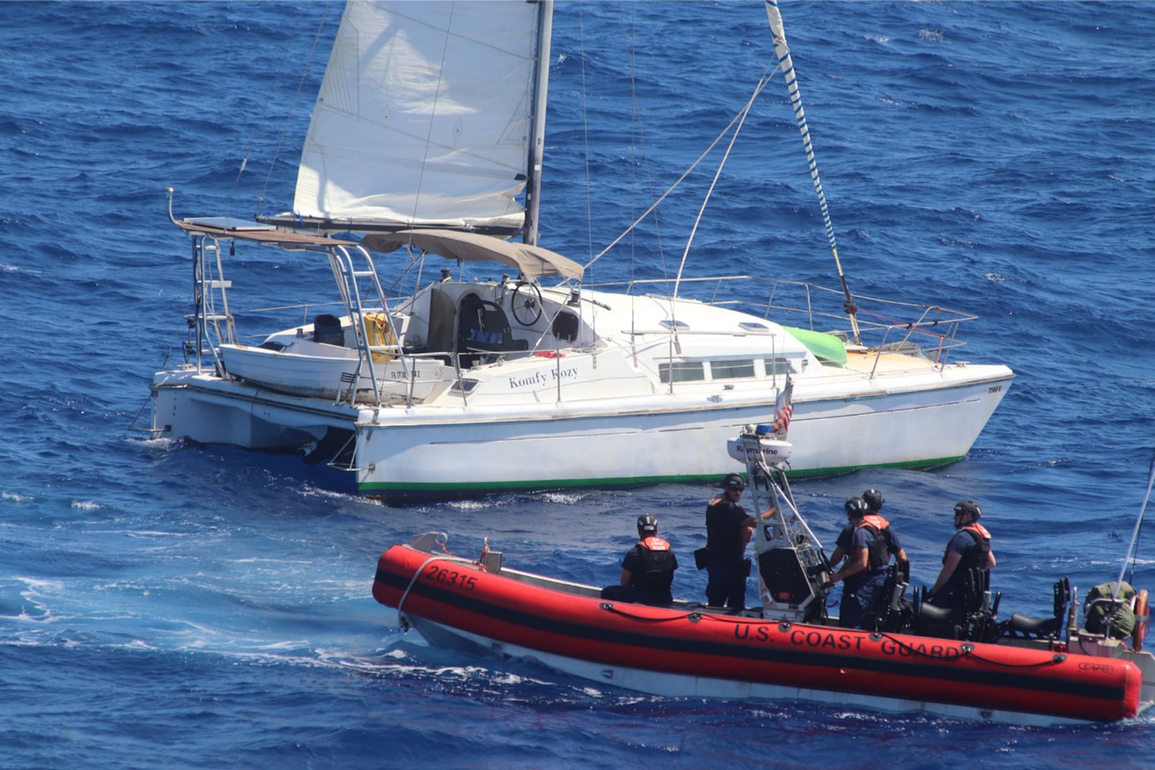 A Coast Guard cutter Legare and Tarpon rescued a 67-year-old man after his 37-foot sailing vessel became disabled 86 miles off offshore Ponte Vedra Beach, Florida, July 9, 2023. The man was able to reach his family with GPS who then contacted the Coast Guard for help. (U.S. Coast Guard photo)
