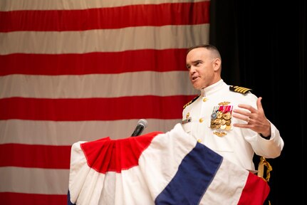 Capt. Jeff Deviney, outgoing commodore of Naval Construction Group TWO (NCG 2), gives remarks during a change of command ceremony on Naval Construction Battalion Center. NCG 2 is part of the naval construction force, capable of manning, training and equipping Atlantic Seabees in order to meet all global construction force requirements.  (U.S. Navy photo by Mass Communication Specialist 2nd Class Jeffrey F. Yale)