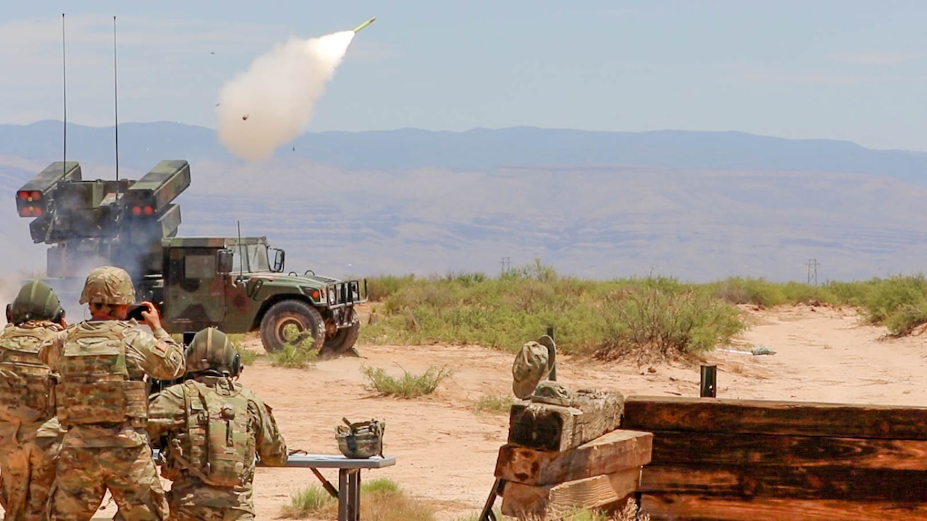 Soldiers from 1st Battalion, 174th Air Defense Artillery Brigade, Ohio National Guard, engage an unmanned aircraft during a live-fire missile range at Fort Bliss, Texas, June 17, 2023.