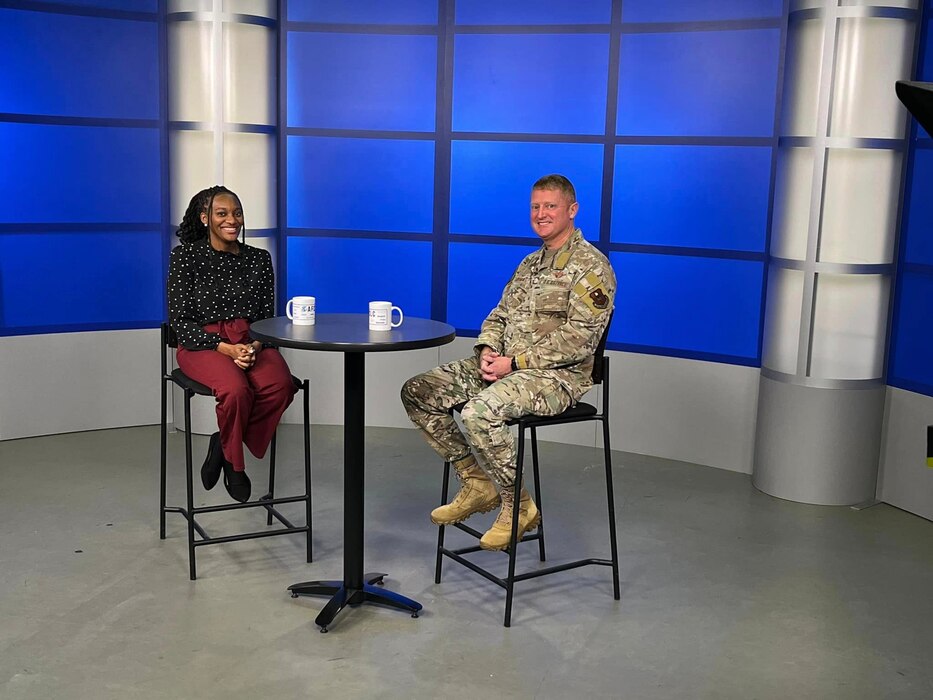 Air War College Commander Brig. Gen. William Freeman on the set at AU TV with AFCLC Outreach