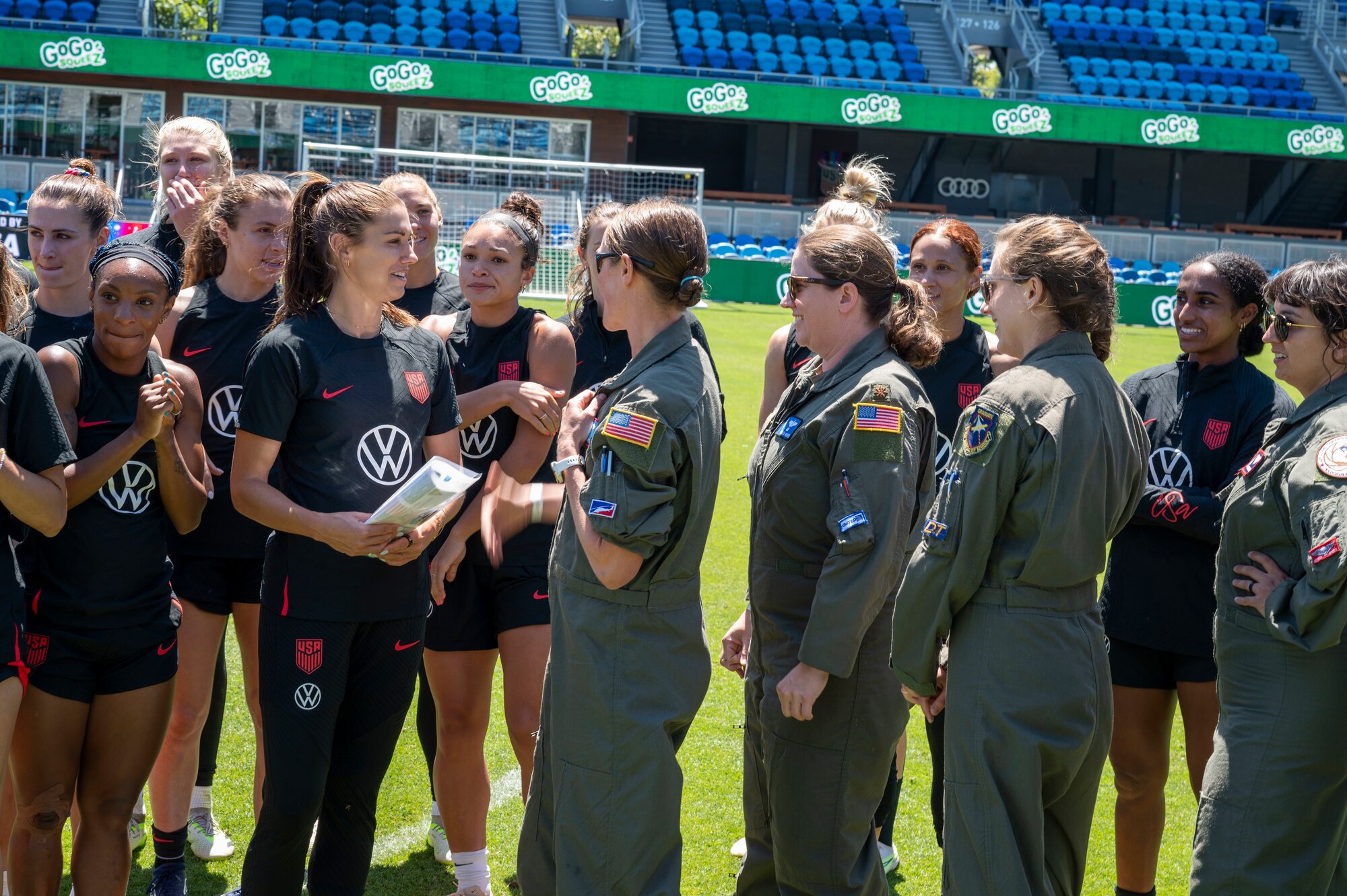 Members from the 412th Operations Group chat with U.S. Women's National Team players during a practice day July 8. Team Edwards sent an all female crew from the 412th Operations Group to conduct a special flyover for the National Women's Soccer League at PayPal Park, July 9 in San Jose, California.