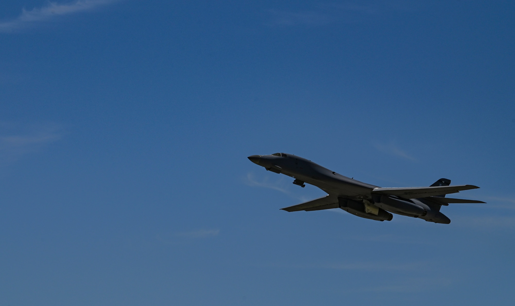 A B-1B Lancer takes off during a fini-flight for U.S. Air Force Col. Kevin Kippie, 7th Bomb Wing vice commander, at Dyess Air Force Base, Texas, June 29, 2023. Kippie served at Dyess from June 11, 2021, to June 16, 2023. While at Dyess, Kippie was committed to excellence as he fostered financial innovation and proposals for the installation, created a Wing Welcome Center for new Airmen and worked in integrated teams to action the wing’s fiscal efforts. (U.S. Air Force photo by Airman 1st Class Emma Anderson)