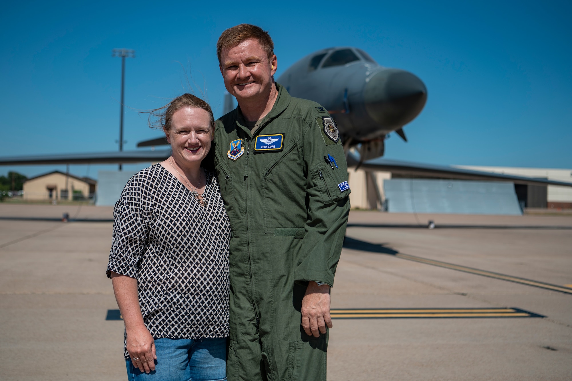 U.S. Air Force Col. Kevin Kippie, 7th Bomb Wing vice commander, and his wife Kathleen Kippie pose for a photo at Dyess Air Force Base, Texas, June 29, 2023. Kippie served at Dyess from June 11, 2021, to June 16, 2023. While at Dyess, Kippie was committed to excellence as he fostered financial innovation and proposals for the installation, created a Wing Welcome Center for new Airmen and worked in integrated teams to action the wing’s fiscal efforts. (U.S. Air Force photo by Senior Airman Ryan Hayman)