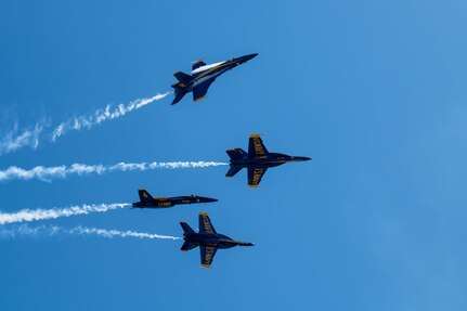 The U.S. Navy Flight Demonstration Squadron, the Blue Angels, perform at the Tinker Air Show on July 1, 2023, at Tinker Air Force Base, Oklahoma City. The Blue Angels joined members of the joint and total force at the Tinker Air Show to showcase the diverse aspects of aviation. (U.S. Air National Guard photo by Airman 1st Class Erika Chapa)