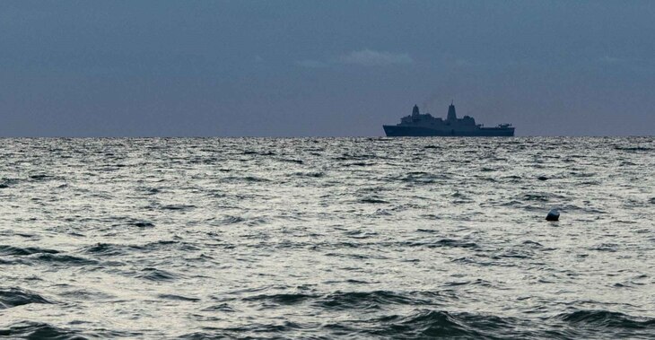 U.S. Navy San Antonio-class amphibious transportation dock USS New York (LPD 21) sits off the coast of Covenas, Colombia, July 8, 2023