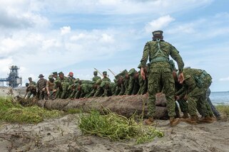 Marines with the Infantería de Marina de Colombia (Colombian Marine Corps) roll a log off of a beach in Covenas, Colombia, July 8, 2023, during a beach landing exercise.