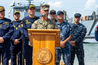 U.S. Marine Corps Colonel Guillermo Rosales, Special Purpose Marine Air-Ground Task Force UNITAS LXIV Commander, speaks at a press conference during Multinational Operation Solidarex 2023 aboard Escuela de Formación de Infantería Marina Coveñas in Coveñas, Colombia, July 9, 2023.