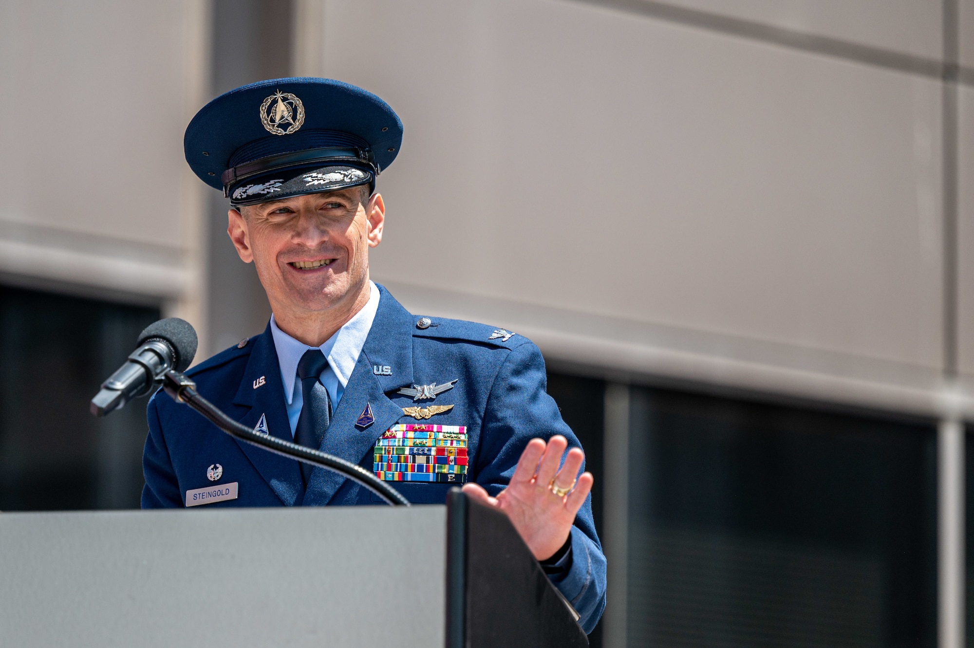 U.S. Space Force Col. Jay Steingold, the Delta 11 incoming commander, delivers remarks during Delta 11’s change of command ceremony at Schriever Space Force Base, Colorado, July 7, 2023. Delta 11 is responsible for delivering realistic, threat-informed test and training resources to U.S. Space Force, joint, and coalition space operators via live, virtual, and constructive threat replication, leveraging the National Space Test and Training Complex across multiple space warfighting disciplines. (U.S. Space Force photo by Ethan Johnson)