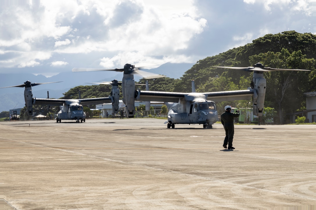 U.S. Marine Corps MV-22B Ospreys with Marine Medium Tiltrotor Squadron (VMM) 163 (Reinforced), Marine Aircraft Group 16, 3rd Marine Aircraft Wing, taxi on the runway at Antonio Bautista Air Base as part of Marine Aviation Support Activity (MASA) 23 in Puerto Princesa, Palawan, Philippines, Jul. 6, 2023. MASA is a bilateral exercise between the Armed Forces of the Philippines and the U.S. Marine Corps, aimed at enhancing interoperability and coordination focused on aviation-related capabilities. During MASA 23, Filipino and U.S. Marines conduct approximately twenty different training evolutions, including live-fire, air assaults, and subject matter expert exchanges across aviation, ground, and logistics capabilities. (U.S. Marine Corps photo by Cpl. Sean A. Potter)