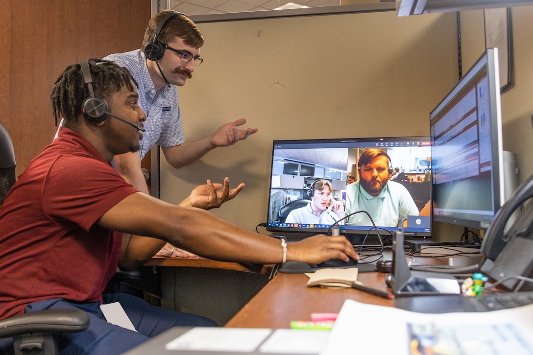 Members of Marine Corps Recruiting Command’s G-6 Service Desk participate in a meeting on Marine Corps Base Quantico, Va., on July 11, 2023. The G-6 Service Desks supports both the Marines stationed with MCRC headquarters and those across the country with information technology issues and communication services. (U.S. Marine Corps photo by Lance Cpl. Brenna Ritchie)