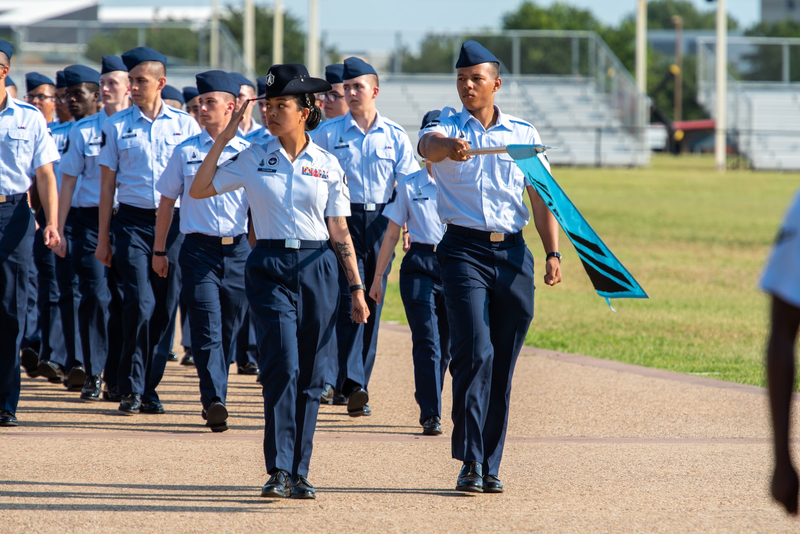U.S. Space Force Guardians graduating from Basic Military Training (BMT) march in formation during a graduation ceremony at Joint Base San Antonio–Lackland, Texas, on June 22, 2023.