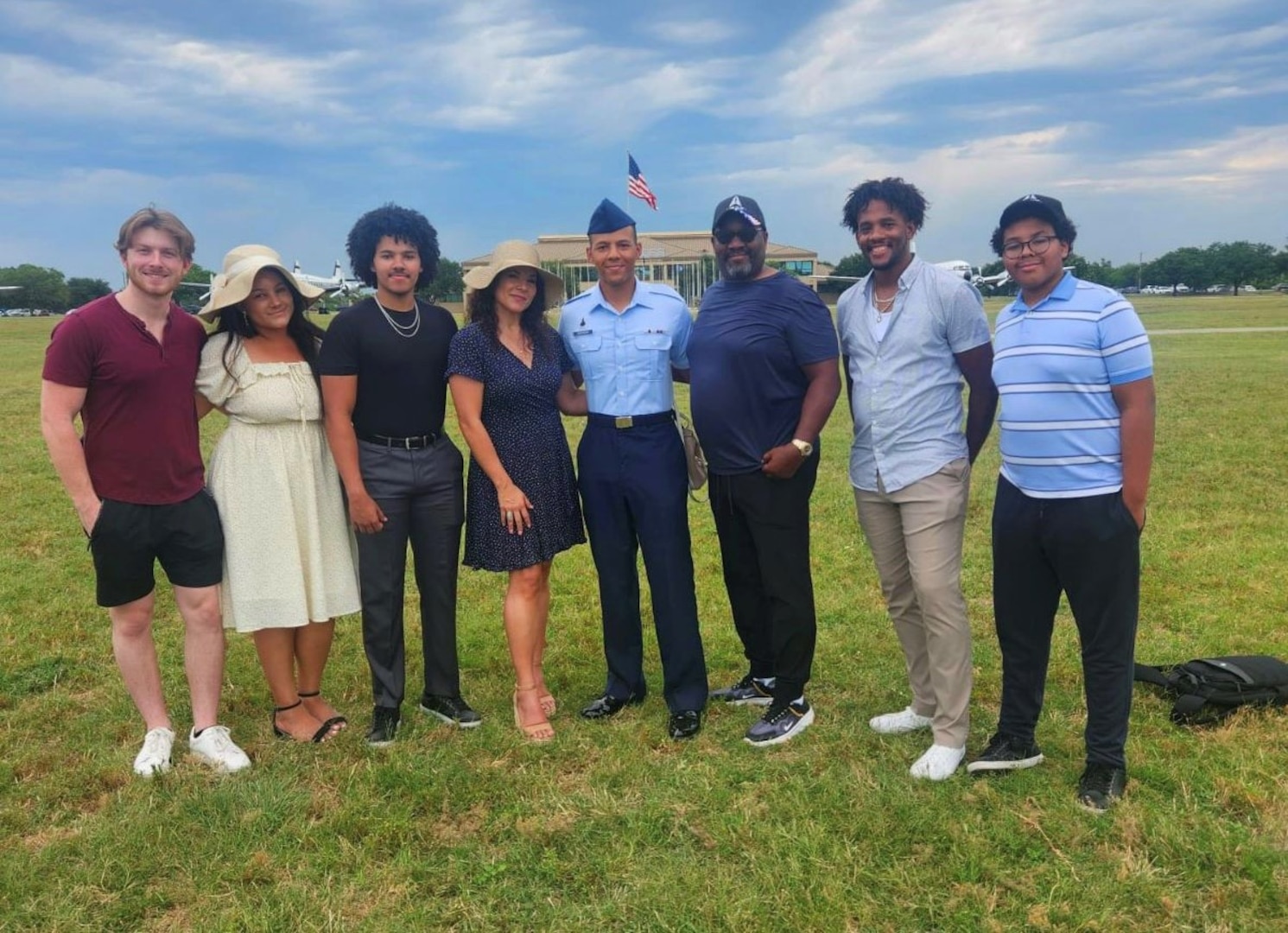 U.S. Space Force Specialist 3 Dakota Desrosiers, all-source intelligence analyst, center right, stands with members of his family after graduating from Basic Military Training at Joint Base San Antonio–Lackland, Texas, on June 22, 2023.