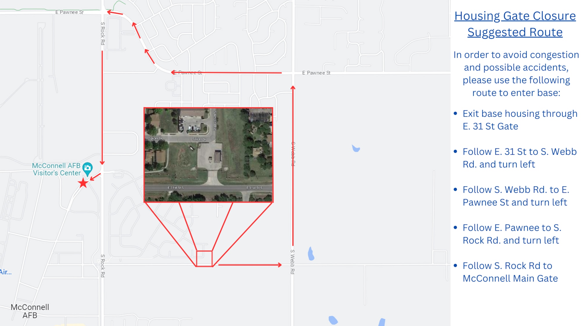 Graphic illustrating preferred driving route for base housing residents during the closure of the main gate starting on July 24, 2023. (U.S. Air Force graphic by Staff Sgt. Tryphena Mayhugh)