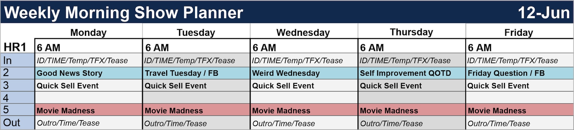 An example of a weekly show prep schedule that breaks down the first hour of a four-hour show, including each hour's intro and outro. Each slot is color-coded to identify if it is: posted to Facebook, a recorded bit from CBS, a context, a live interview or live only.