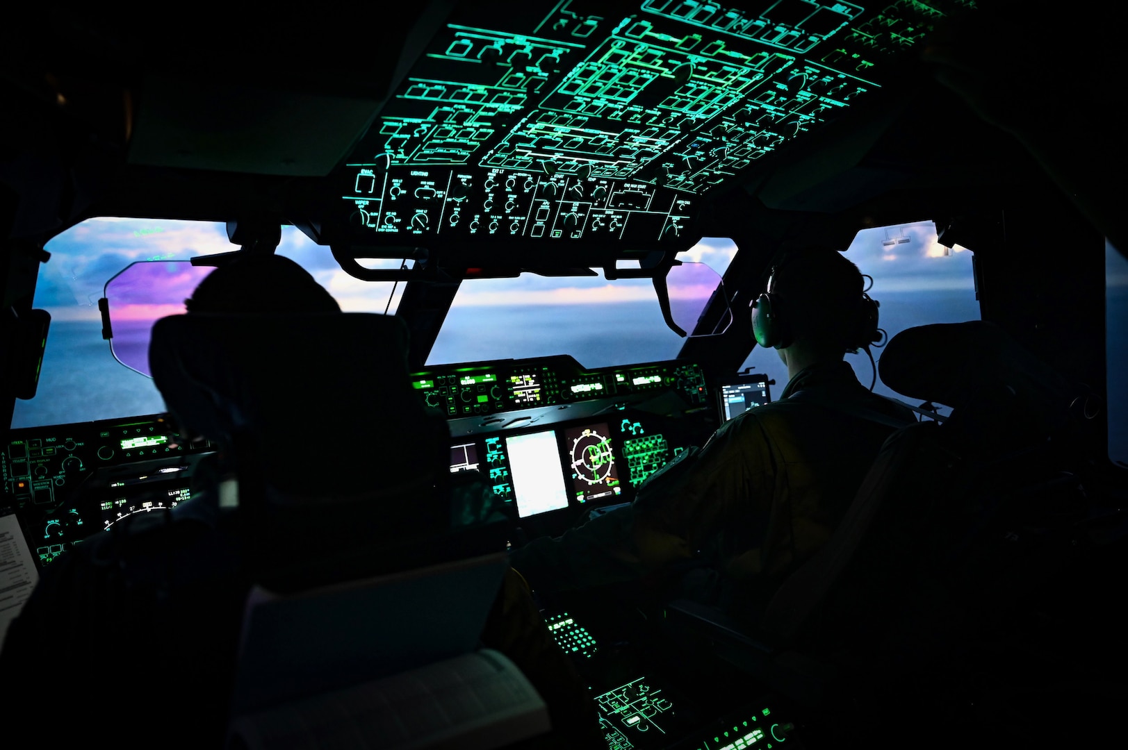 French Air and Space Force A400M pilots conduct a search and rescue mission over the Pacific Ocean, July 10, 2023. The crews were alerted and searched the ocean for a disabled vessel, which they located and provided air support for local search and rescue crews. (U.S. Air Force photo by Tech. Sgt. Michael Cossaboom)