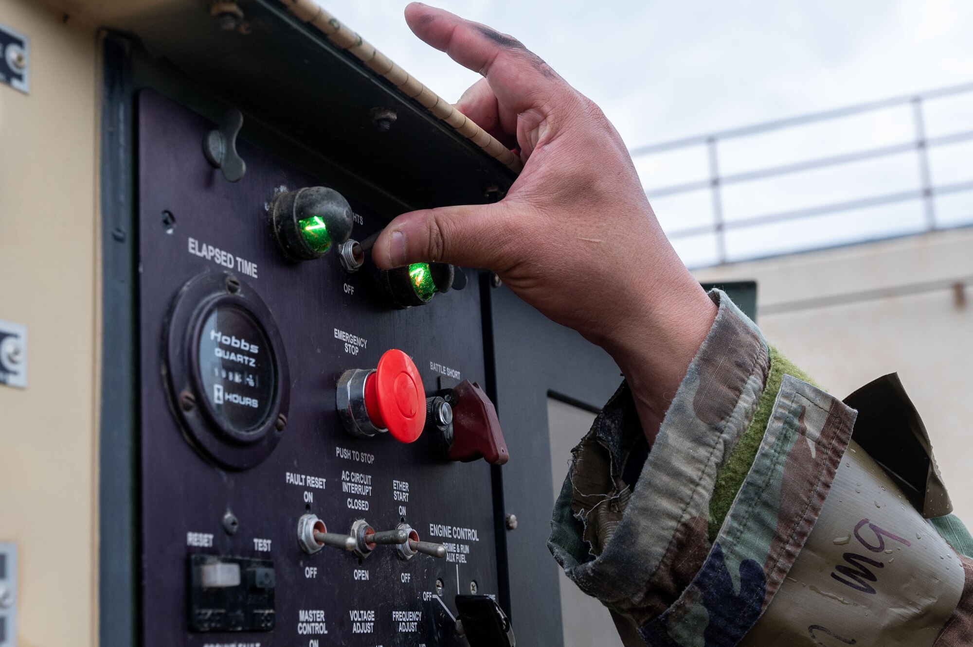 8th Civil Engineer Squadron water and fuels system maintenance craftsman, turns on a generator powering the reserve osmosis water purification unit during training
