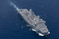 U.S. Marines with Marine Medium Tiltrotor Squadron 774 (VMM-774) land Bell Boeing V-22 Ospreys on San-Antonio-class amphibious transportation dock USS New York (LPD-21) on Marine Corps Air Station New River, North Carolina, June 29, 2023. Marines with squadron VMM-774 support exercise UNITAS 2023 under Marine Corps Force Reserves, following Force Design 2030, this is the first-time squadron VMM-774 has conducted a flight deck landing. (U.S. Marine Corps photo by Lance Cpl. Jessica J. Mazzamuto)
