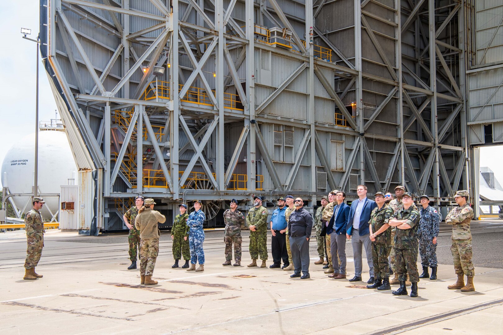 Coordinators and participants of the Global Sentinel 2024 Mid-Planning Conference receive a tour of Space Launch Complex-6 on Vandenberg Space Force Base, Calif., June 29, 2023. Global Sentinel is USSPACECOM’s single largest multinational event and leading security cooperation effort designed to strengthen partnerships with other space-faring nations, improve operational collaboration, and promote responsible behavior in the space domain. (U.S. Space Force photo by Capt. Blythe Goya)