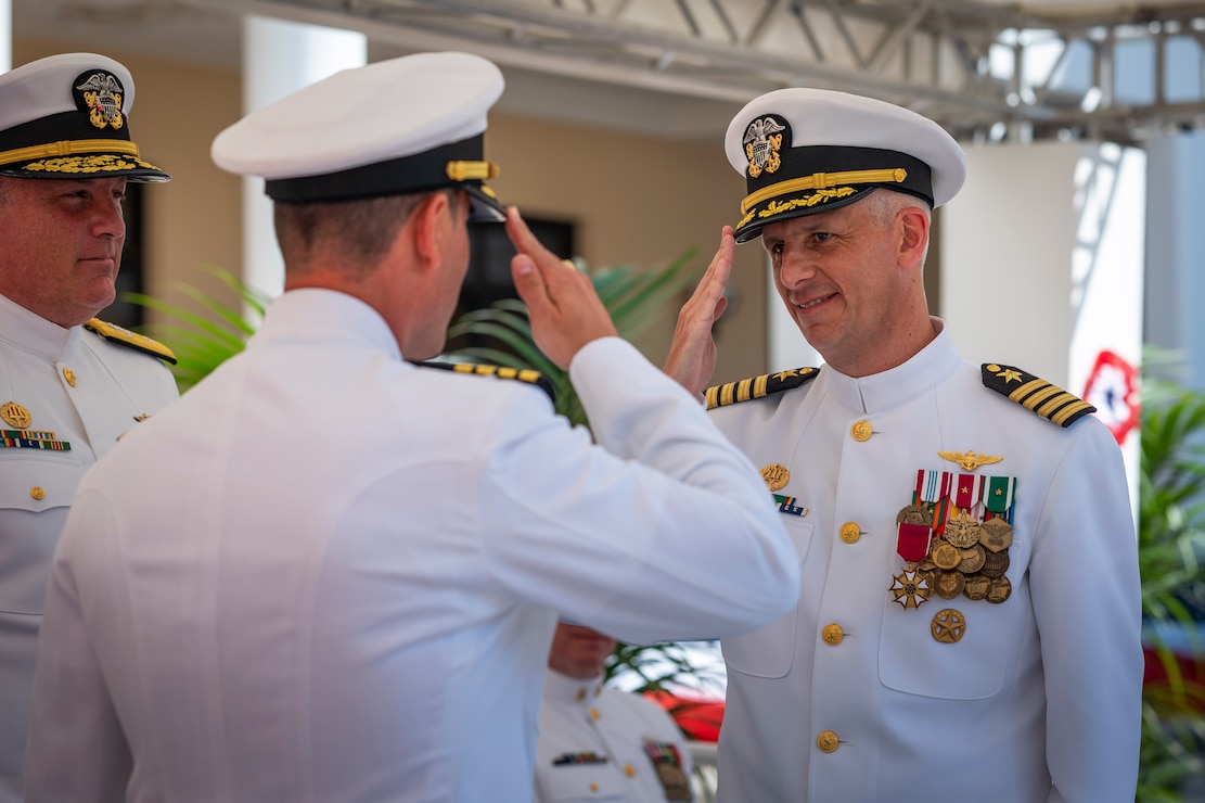 230707-N-HS181-1213 NAPLES, Italy (July 7, 2023) Capt. John Randazzo relieves Capt. James Stewart as commanding officer of U.S. Naval Support Activity (NSA) Naples during the NSA Naples Change of Command Ceremony, July 7, 2023. NSA Naples is an operational ashore base that enables U.S., allied, and partner nation forces to be where they are needed, when they are needed to ensure and stability in the European, African, and Central Command areas of responsibility. (U.S. Navy photo by Mass Communication Specialist 1st Class Haydn Smith)
