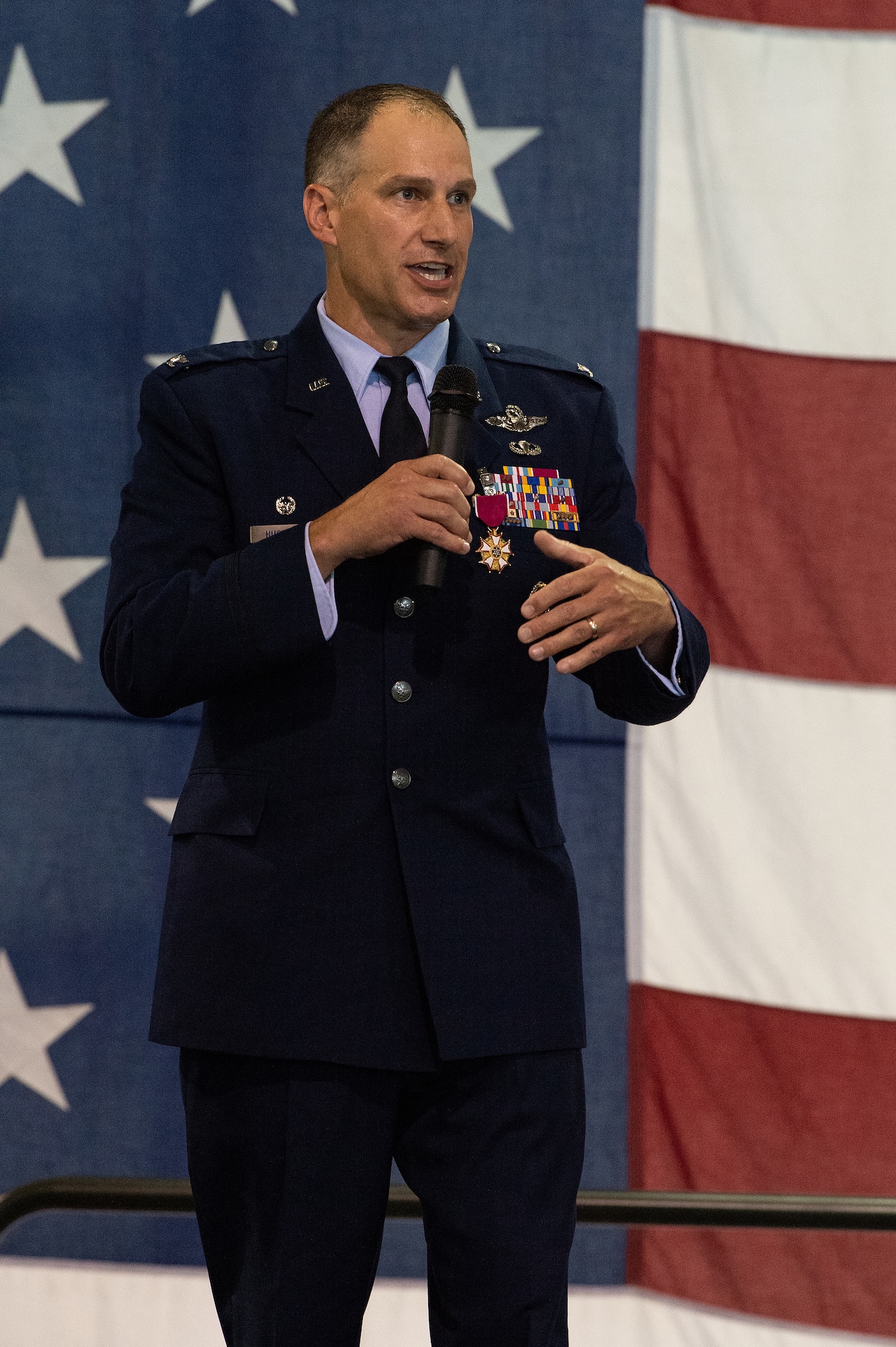 Col. Matthew S. Husemann, 436th Airlift Wing commander, gives final remarks to Team Dover members, friends, family, guests, civic leaders and congressional delegates in attendance during the 436th AW Change of Command ceremony held at Dover Air Force Base, Delaware, July 7, 2023. Maj. Gen. Corey J. Martin, 18th Air Force commander, presided over the ceremony in which Husemann relinquished command to Col. William C. McDonald, who became the wing’s 37th commander. (U.S. Air Force photo by Roland Balik)