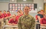 Idaho Army National Guardsman Staff Sgt. Sarah Pak instructs students from her alma mater at Canyon Ridge High School in Twin Falls, Idaho, as part of the Idaho Army National Guard’s Military Leadership Program.