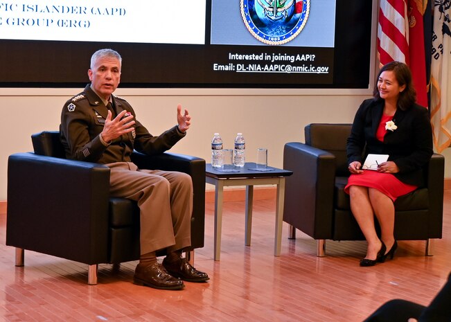Army General Paul Nakasone, Commander, U.S. Cyber Command and Director, National Security Agency/Chief, Central Security Service visited the National Maritime Intelligence Center for a “Fireside Chat” in recognition of Asian American Pacific Islander (AAPI) Heritage Month on May 23, 2023.