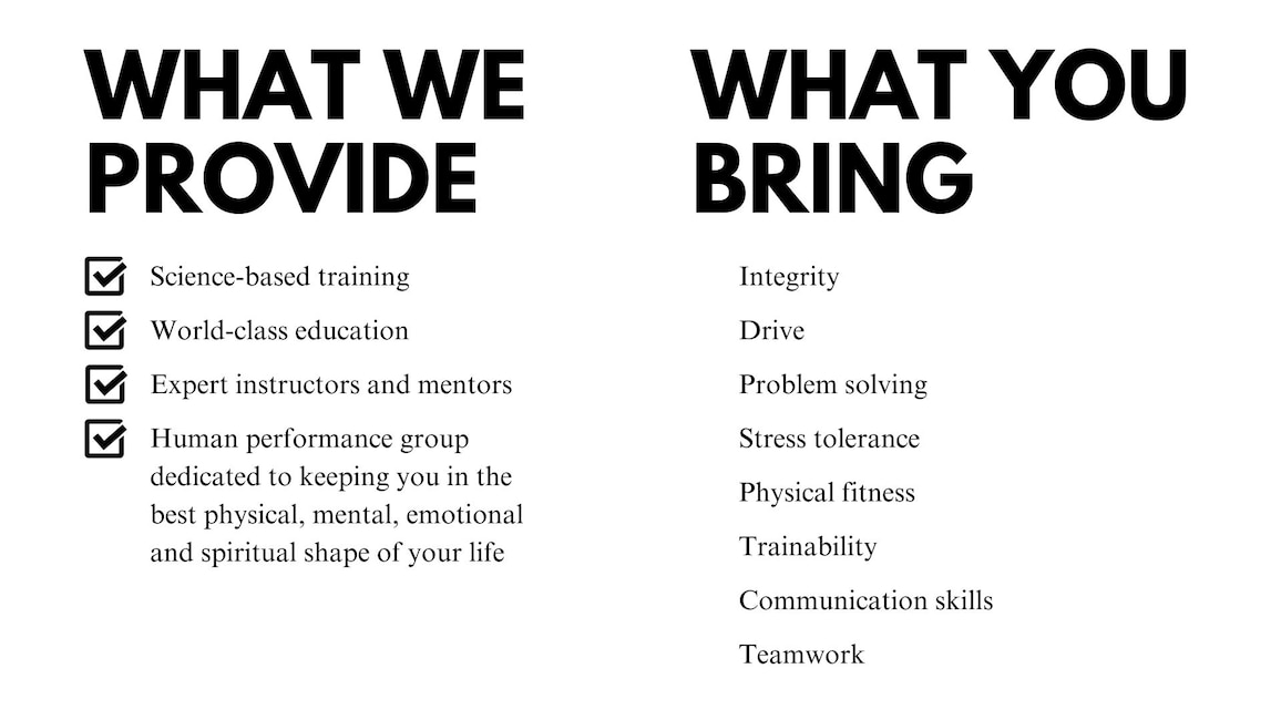 We provide science-based training, world-class education, expert instructors and mentors and a Human Performance Group dedicated to keeping you in the best physical, mental, emotional and spiritual shape of your life. 

You bring integrity, drive, problem solving, stress tolerance, physical fitness, trainability, communication skills, teamwork.